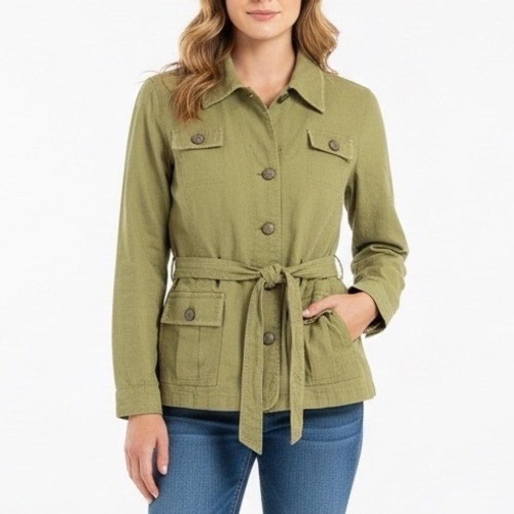 AMI Military Jacket‎ Womens L Olive Green Waist Belt Spread Collar Button Front